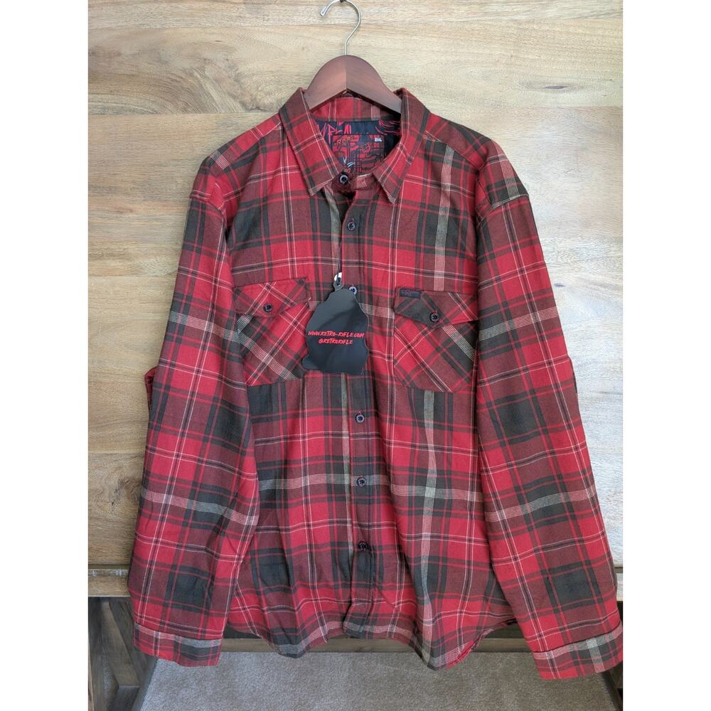 NWT Retro Rifle Nightmare Flannel Shirt Men 2XL Red Black Plaid Collar Button Up